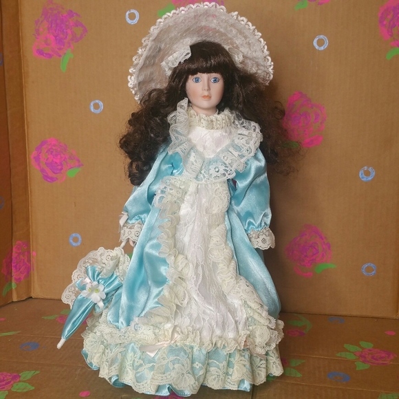 Porcelain Brunette Victorian Doll with Stand - Picture 2 of 11